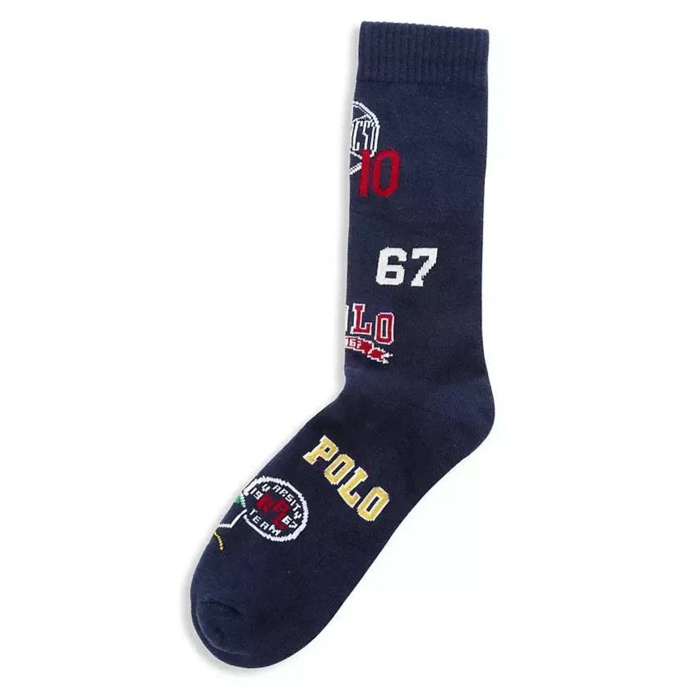 Polo Ralph Lauren Mens Varsity Multi-Logo Crew Socks Navy Blue 67 Athletics NEW